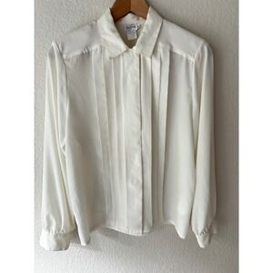 Tan Jay Vintage Off White Pleated Front Paisley Blouse Pearl Cuff Womens 6